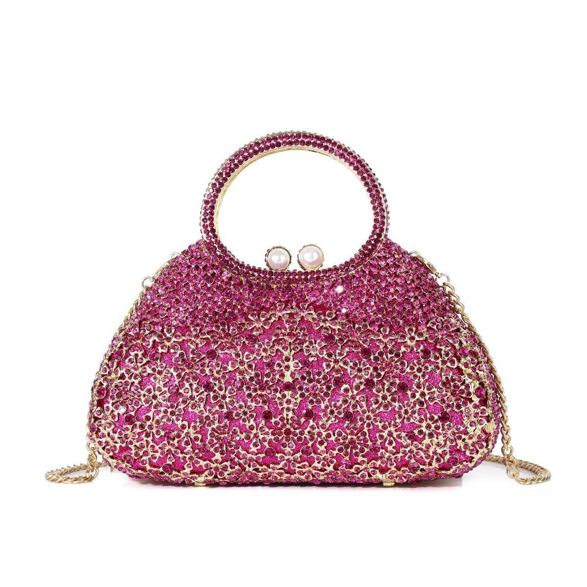 Full-Crystal Evening Clutch Bag in Magenta — front view