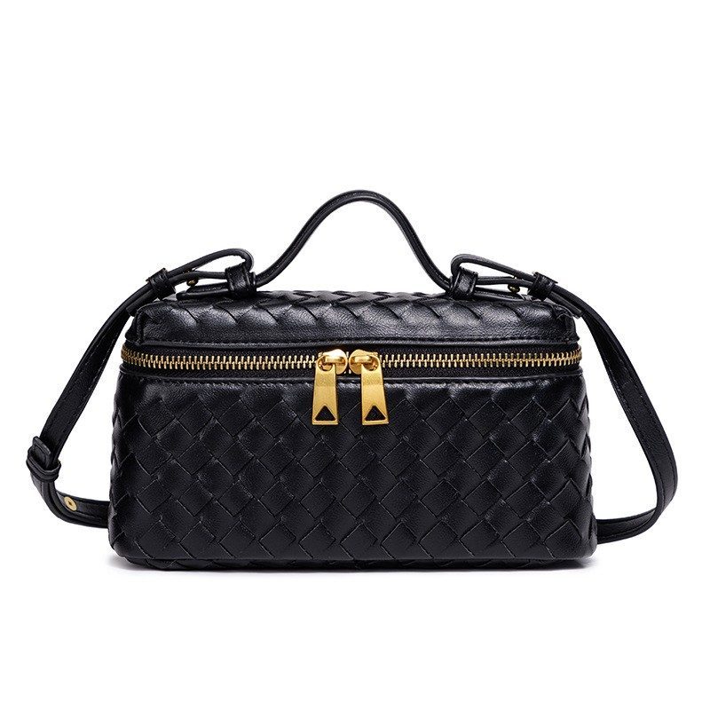 Handwoven Lunch Box Crossbody Bag in Black — styling photo