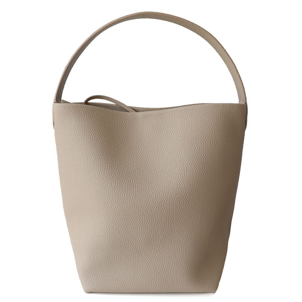 Japanese-Minimalist Leather Bucket Tote Bag in Black — detail close-up
