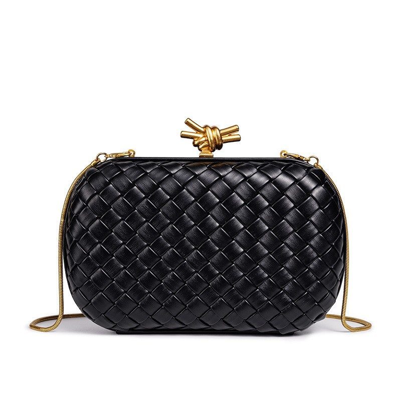 Light-Luxury Woven Chain Evening Box Bag in Black — side angle