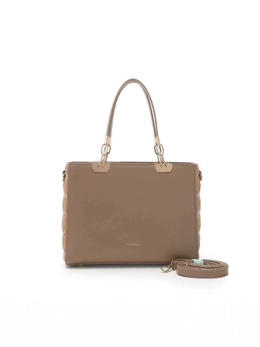 Macaron Patchwork Tote in Light Brown — side angle