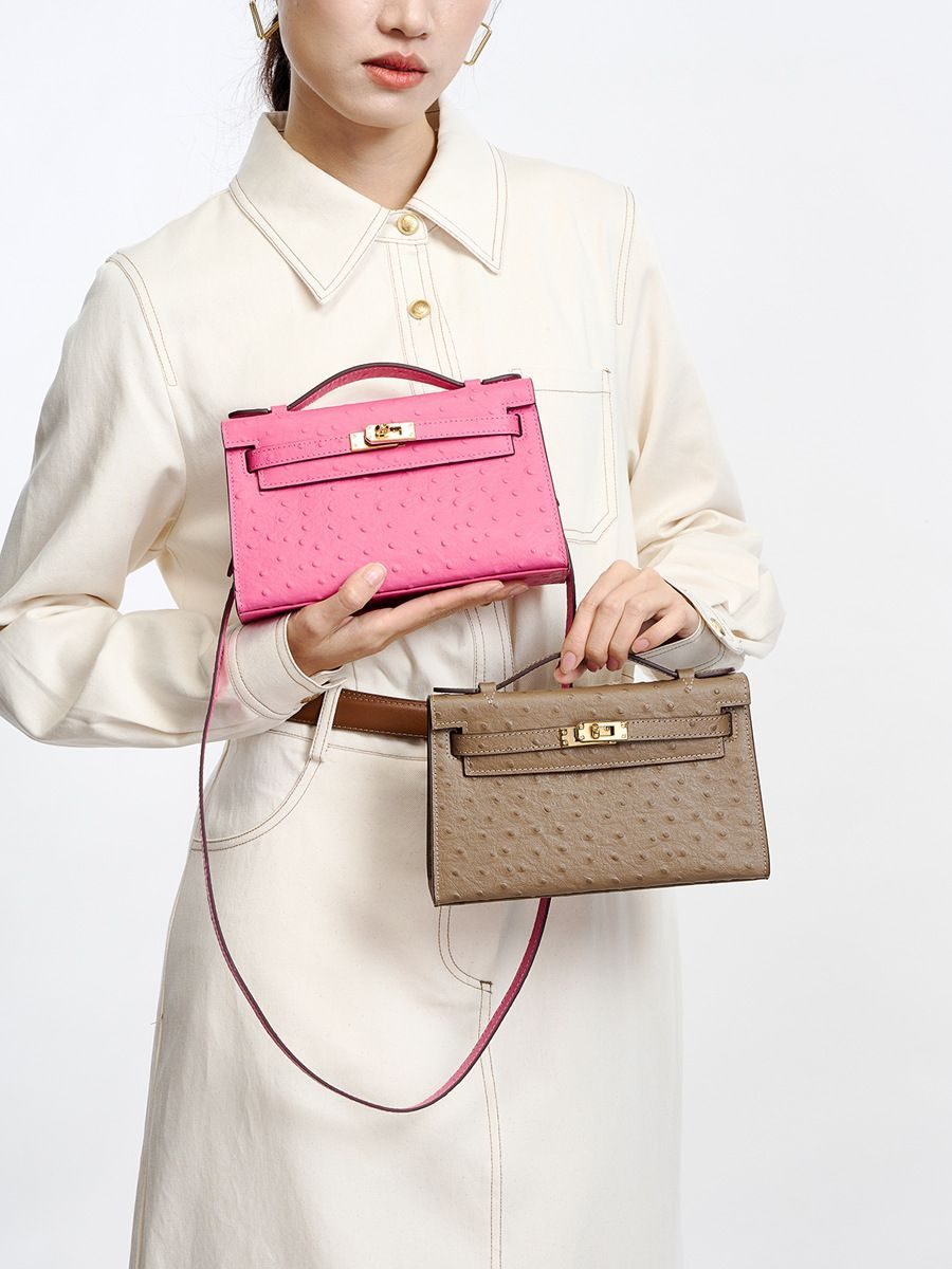 Ostrich-Embossed Top-Grain Leather Kelly Crossbody Bag