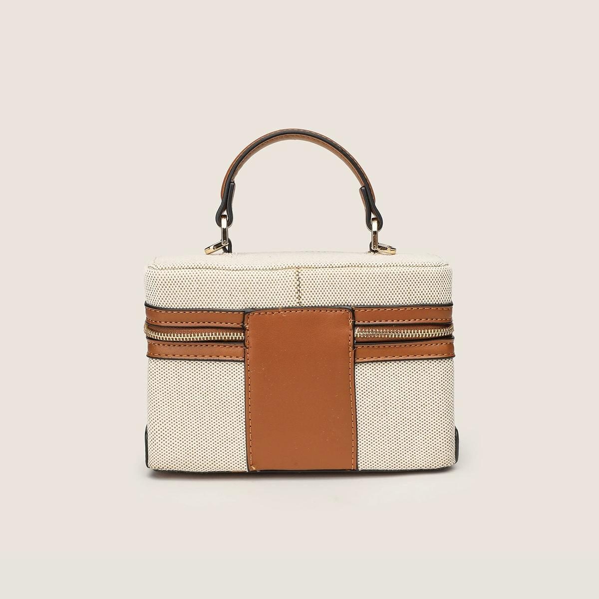 Vintage Canvas & Leather Box Bag in Canvas Brown — side angle